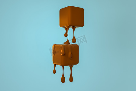 融化的巧克力滴摄影照片_融化巧克力立方体与液滴细节，3d 渲染