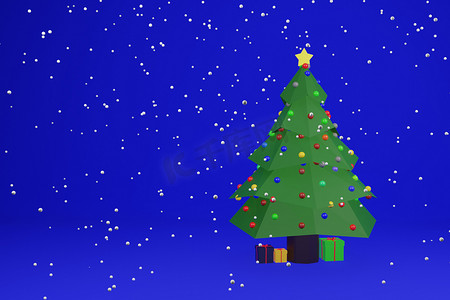 一棵圣诞树的 3d 插图，蓝色背景上有几盒礼物
