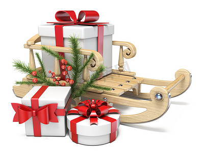带圣诞礼物和装饰的雪橇 3D