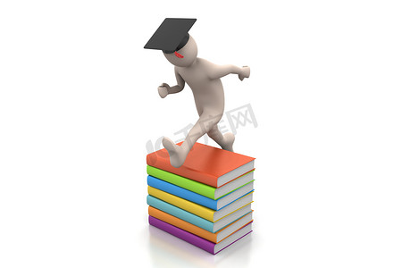 戴着帽子的学生拿着文凭的喜悦跳跃。
