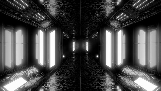 未来派科幻空间机库隧道走廊 3D 插图，带有砖块纹理和发光的灯光背景壁纸