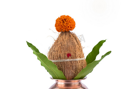 带椰子和芒果叶的铜卡拉什，白色背景上有花卉装饰。