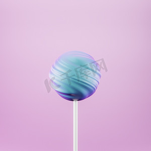 棒棒糖上的蓝色棒棒糖，柔和的粉红色背景，3d 渲染