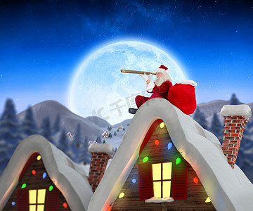 圣诞老人坐在小屋屋顶上的合成图像