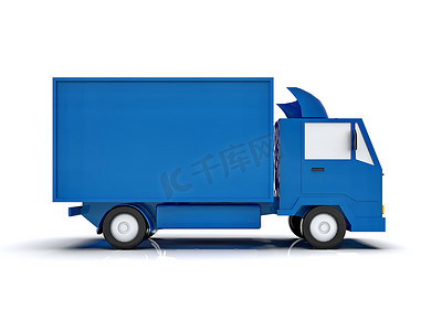 玩具机摄影照片_白色背景上的蓝色玩具商业送货卡车