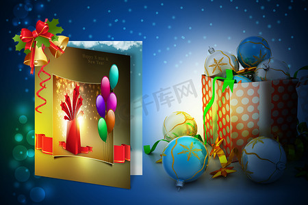 蓝色礼盒气球摄影照片_带气泡的新年礼盒