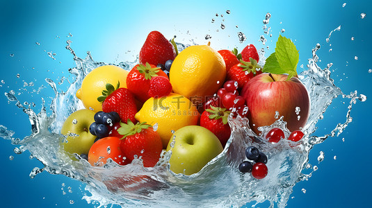 苹果logo背景图片_夏日清凉苹果梨子草莓葡萄水果水花主题背景