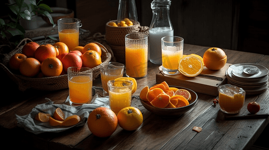 水果简约清新背景摄影照片_西餐早餐面包橙汁水果