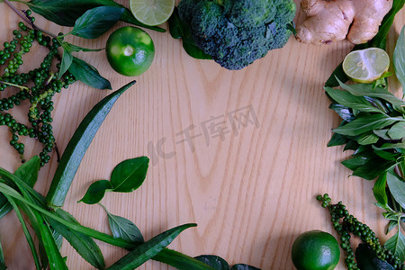 背景与西兰花、姜、l 什锦绿色蔬菜