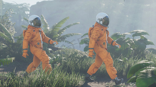 丛林探险家摄影照片_研究宇航员降落在一个外星绿色星球上。 