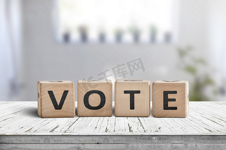 在明亮的房间里用木头做的投票标志