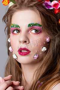 广告化妆女方脸摄影照片_一个化着童话妆容的漂亮女孩的特写脸。