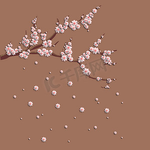 平面设计装饰摄影照片_树枝上的 3D 粉红色樱花。