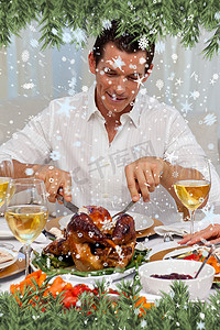 有魅力的男人在圣诞大餐中吃火鸡的合成图像