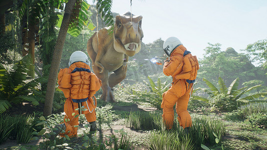 两名时间旅行者宇航员和一只食肉动物霸王龙在史前侏罗纪公园相遇。 