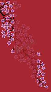 三八背景摄影照片_垂直花卉贺卡与美丽的粉红色花朵分支樱花。红色背景与复制空间文本在盛开的樱桃树枝上。明信片适合婚礼邀请、妇女节、母亲