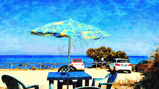 两辆汽车摄影照片_两辆停放的汽车和一张带雨伞的桌子可以俯瞰大海，夏天在撒丁岛停留。