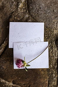 婚礼邀请函摄影照片_婚礼细节平躺在石头背景上。