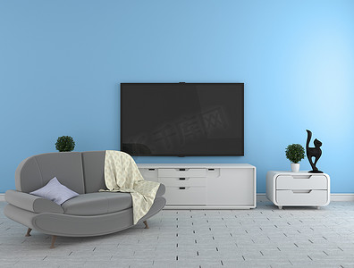 花鸟电视墙摄影照片_橱柜上的电视 — 蓝墙背景的现代客厅 —