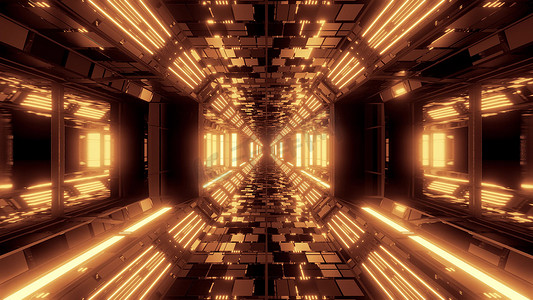 未来派科幻空间机库隧道走廊 3D 插图与砖纹理和玻璃窗背景墙纸