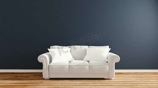 空荡荡的室内设计、沙发和枕头在深色墙壁背景上