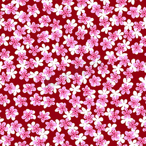 礼品包装摄影照片_无缝图案与盛开的日本樱花，用于织物、包装、壁纸、纺织品装饰、设计、邀请函、印刷品、礼品包装、制造。红色背景上的粉色和白色花朵。
