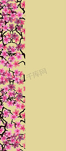 垂直花卉贺卡与美丽的花朵分支樱花。黄色背景