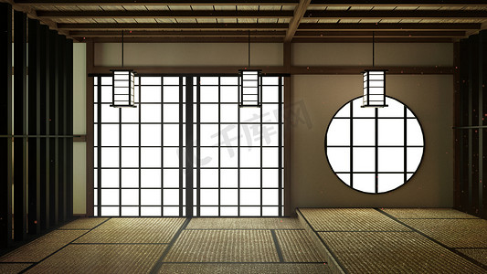 日本榻榻米摄影照片_模型，日式空房间榻榻米设计最美