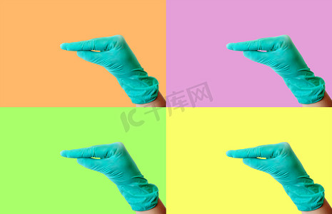 在医学主题的彩色背景上拼贴：一只戴着蓝色乳胶手套的女性手做出类似于鸭嘴的手势。