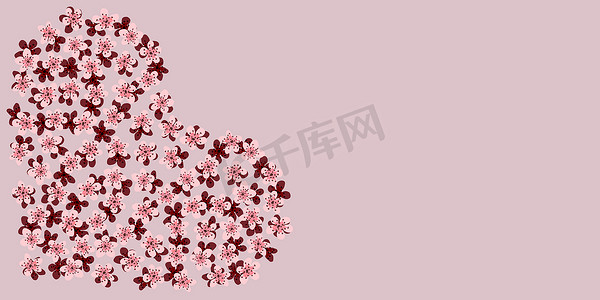 现代名片设计模板，心形为粉红色，樱花花朵装饰粉红色背景。
