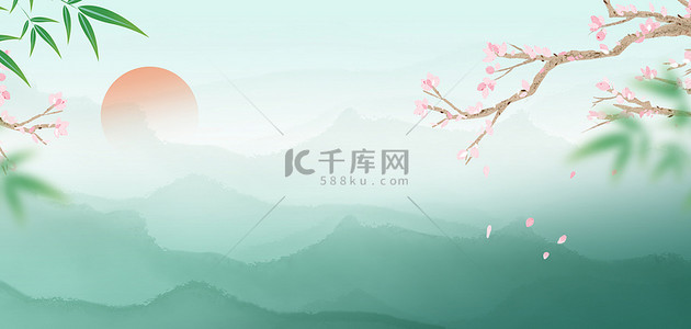 含苞待放的桃花背景图片_中国风竹叶桃花绿色水墨海报背景