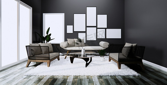 现代室内装饰，在房间的深色墙壁和 fl 上配有沙发和扶手椅