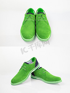 产品附件摄影照片_在白色背景的男性绿色皮鞋，被隔绝的产品。