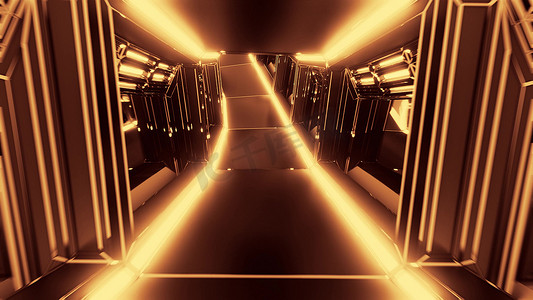 具有发光灯和玻璃窗背景墙纸的未来派科幻隧道走廊 3D 插图
