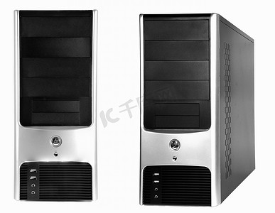 高级黑色背景摄影照片_白色背景上的黑色银色电脑机箱