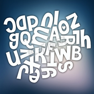 蓝色寒冷背景上的白色独立英文字母表（a、b、c...x、y、z 字符）