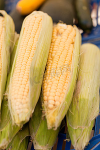 室外市场上新鲜美味的玉米宏观特写