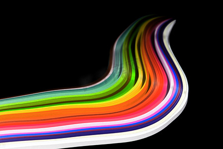 彩虹波浪摄影照片_黑色背景上的抽象彩色波浪卷曲彩虹条纸