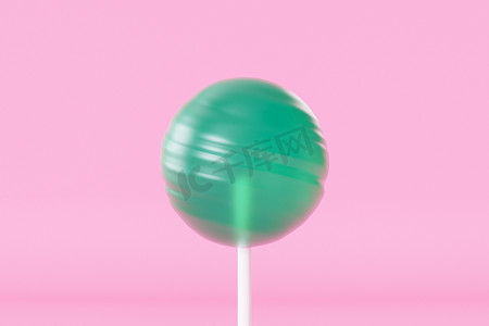 绿色食物插图摄影照片_棒棒糖上的绿色棒棒糖，柔和的粉红色背景，3d 渲染