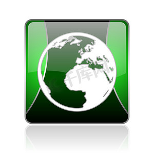 地球黑色和绿色方形 web 光泽图标