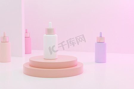 用于化妆品产品或在米色讲台或场景上做广告的带有血清的白色滴管样机，3D 插图渲染