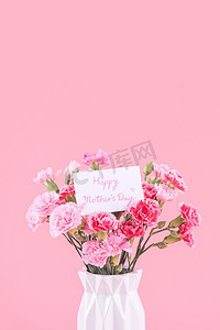 母亲节节日礼物设计理念，粉红色康乃馨花束与贺卡，隔离在浅粉色背景，复制空间。