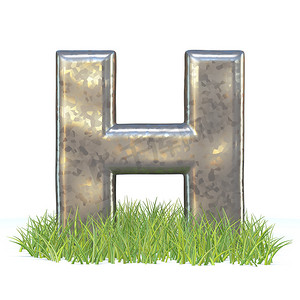 春天的字体摄影照片_镀锌金属字体 Letter H in grass 3d