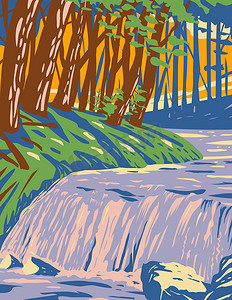 安吉丽娜国家森林中的博伊金溪瀑布位于圣奥古斯丁的东德克萨斯州安吉丽娜贾斯珀和纳科多奇斯县 WPA 海报艺术
