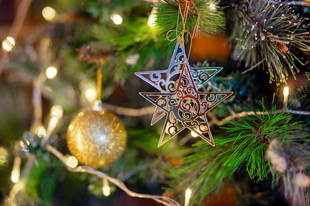 挂着明信片摄影照片_圣诞树的树枝上挂着金色的星星。