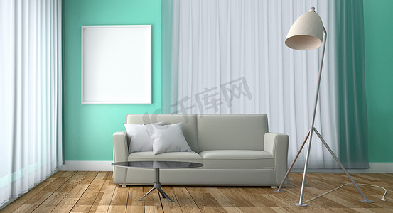 薄荷客厅室内设计 - 带沙发的薄荷绿风格