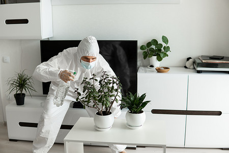 性冷淡植物摄影照片_身穿防护服、医用口罩和橡胶手套的男子在家中客厅里用喷雾器关心植物，同时进行冠状病毒检疫 COVID-19。