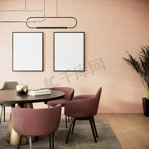 空白相框模拟在桃色房间内部，3d 渲染背景