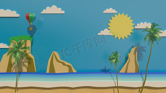 3d 渲染，3d 插画，白天在海中的岛屿，黄色的太阳，白云和红色的气球在天空中