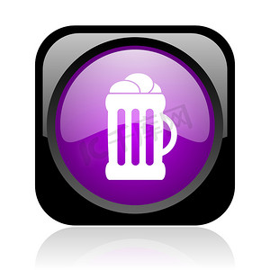 紫色气泡饮料摄影照片_啤酒黑色和紫色方形 web 光泽图标